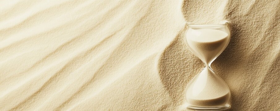 An hourglass rests on sand, symbolizing the passage of time and the fleeting nature of life.
