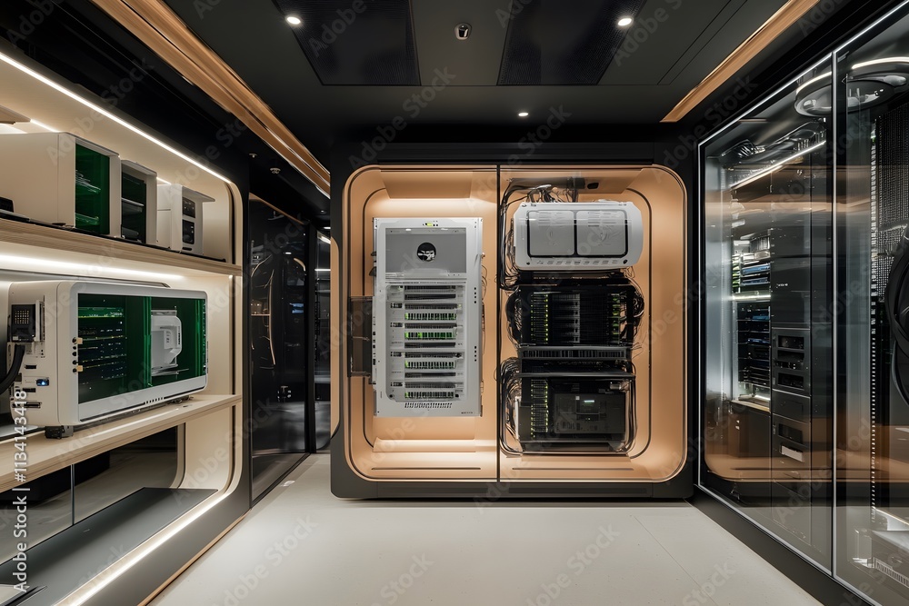 Aufkleber modern data center featuring advanced server racks and network equipment in a sleek design.