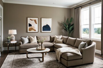 Fototapeta premium Modern Family Room Design in Soft Taupe with Cozy Sectional and Stylish Furniture