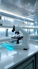 Laboratory microscope, samples, and equipment.