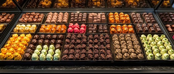 Obraz premium An assortment of colorful pastries displayed in a glass case for sale.