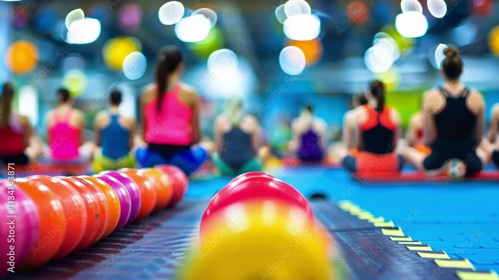 Poster blurry view of a crowded fitness class with hints of colorful exercise equipment in the foreground.