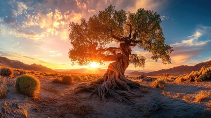 Majestic Tree in a Desert Landscape at Sunrise
