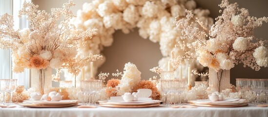 Elegant table setting with dried floral arrangements and neutral color palette.
