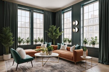 Fototapeta premium Design Visualization of a Modern Seating Spot with Spacious French Windows and Plant Arrangements in a Chic Living Space