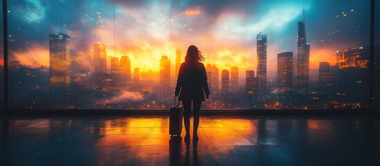 Fototapeta premium Silhouette of woman with suitcase, gazing at sunset cityscape through large window.