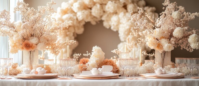 Elegant table setting with dried floral arrangements and neutral color palette.