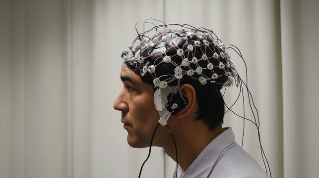 Person wearing wired headgear for brainwave monitoring.