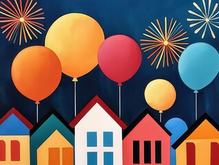 Joyful acrylic of a neighborhood block party, vibrant balloons and fireworks lighting up the night
