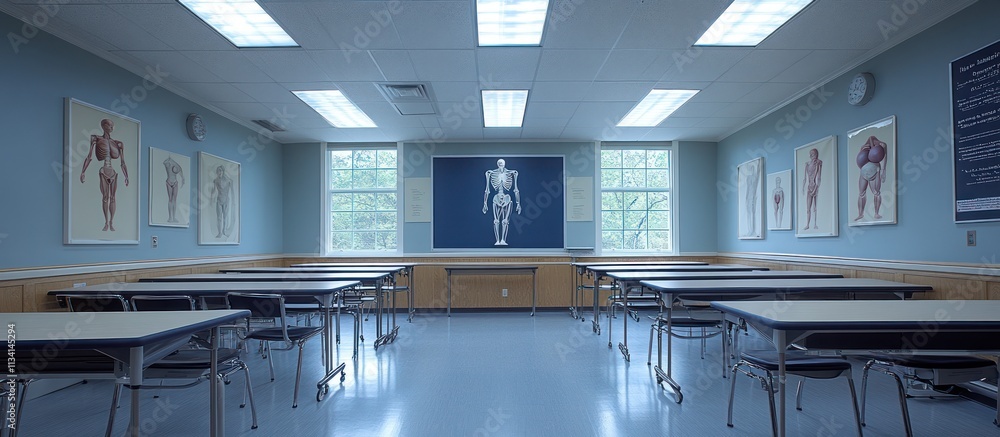 Poster empty anatomy classroom with anatomical charts and model.