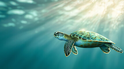 Obraz premium Green Sea Turtle with Plastic Bag in Polluted Ocean Environment