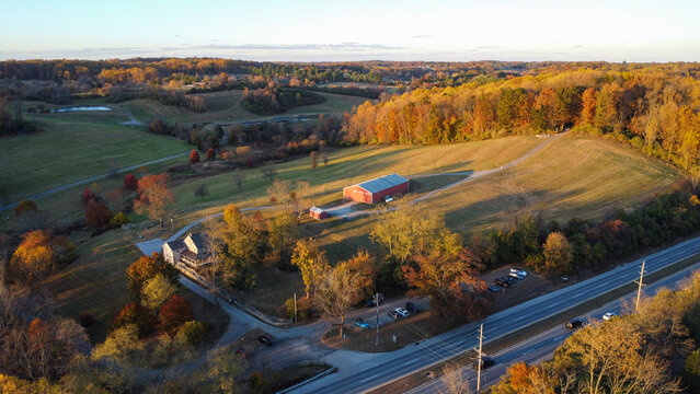 Aerial view of Okehocking Preserve in the suburb of Philadelphia at sunset time in late autumn, Newtown Square, Pennsylvania, USA