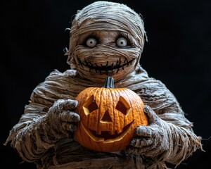 A mummy holding a glowing jack-o'-lantern. AI.