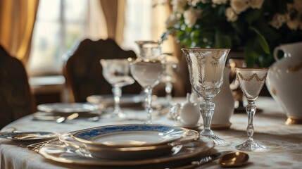 Table featuring tableware, dishware set on top