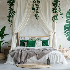 White bedroom, canopy bed, green accents