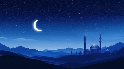 Obraz premium Serene Nightscape: Majestic Mosque under Crescent Moon and Starry Sky over Mountain Range