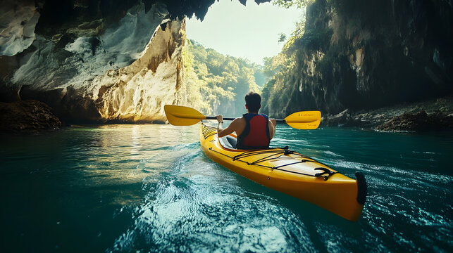 Kayaking through a scenic sea cave, adventurous journey