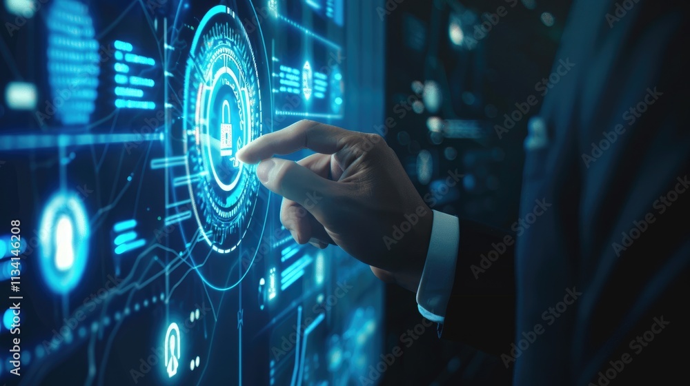 Poster businessman holding security padlock button on virtual screens, technology internet and networking c