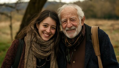 Fototapeta premium Happy young woman and older man smiling together outdoors. AI.