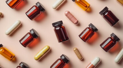 Obraz premium Natural Health Supplement Bottles and Capsules on Tan Background, Health and Wellness