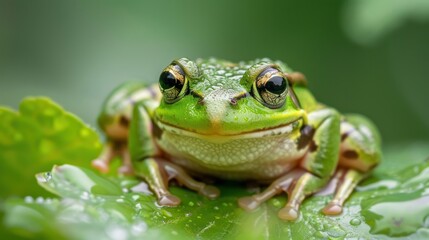 Naklejka premium A close-up of a green frog resting on a leaf, surrounded by lush greenery, showcasing its vibrant colors and detailed features.