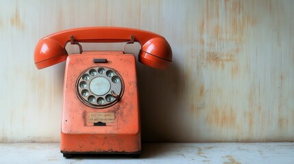 Vintage orange rotary telephone on rustic wooden surface with peeling wall, highlighting retro...