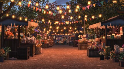 A festive outdoor market decorated with twinkling string lights and colorful bunting. Stalls offer handcrafted goods, fresh produce, and baked treats, while families explore the lively scene. 