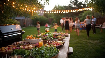 A lively backyard barbecue under string lights as the sun sets. Friends and family gather around a long wooden table filled with colorful salads, grilled vegetables, and refreshing drinks. Children 