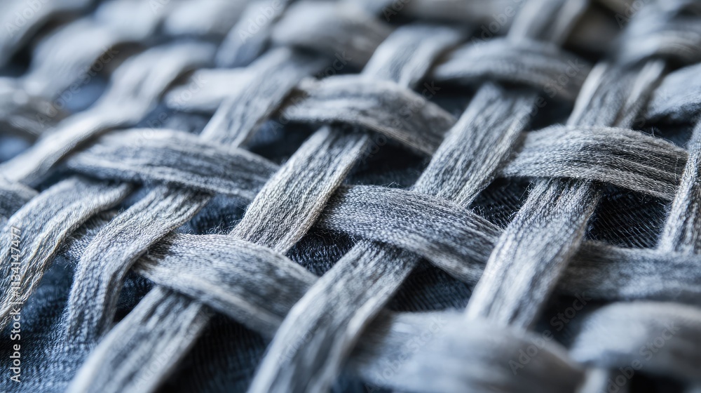 Poster a close-up view of a woven fabric structure, showcasing intricate patterns of interlaced threads in 