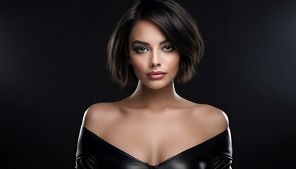 studio portrait of a brunette woman with short hair and nude shoulders wearing a low cut black leather mini dress and collar on black background	