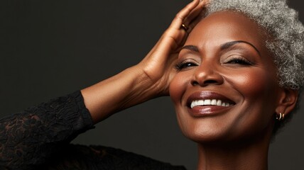 Obraz premium skincare ad of a mature woman striking pose, close up, her smiling