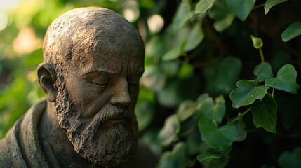 Close-up of a weathered bronze statue of a man with a contemplative expression, set against a backdrop of lush green foliage.