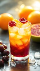 A refreshing layered drink with ice, garnished with raspberries, surrounded by fresh fruits.
