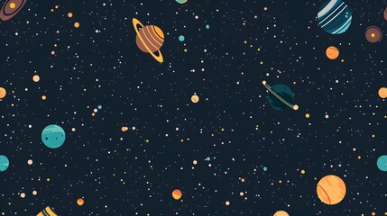 A seamless pattern of planets and stars on a dark blue background.