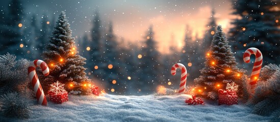 Magical Christmas scene with snow-covered trees, illuminated with warm lights, presents, and candy canes.