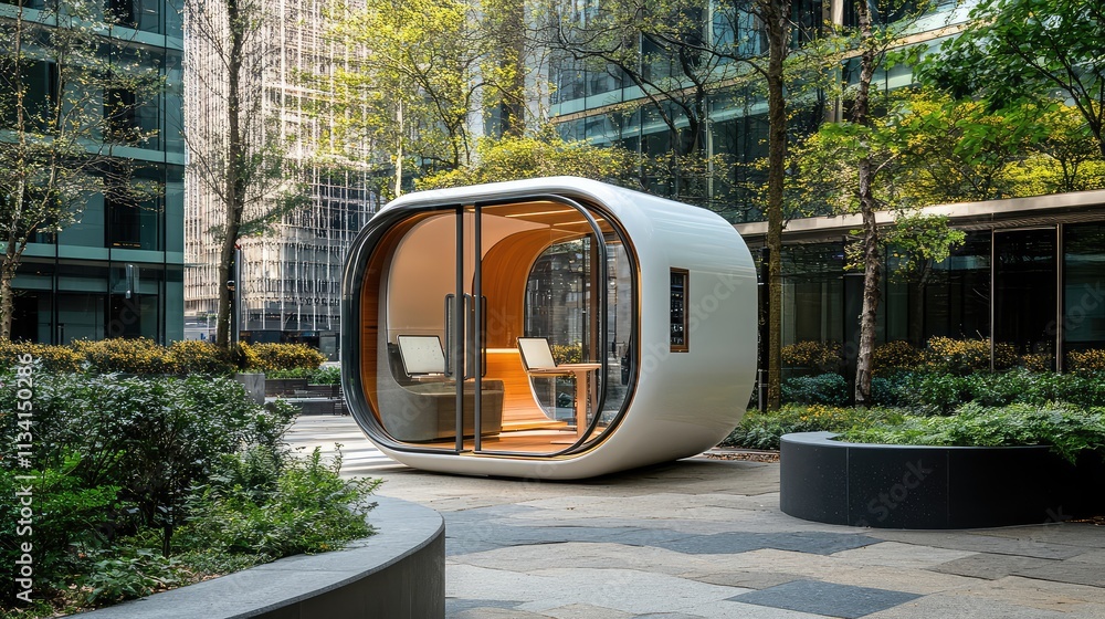 Poster a compact modular workspace pod with clean lines and a portable design, placed in a peaceful outdoor