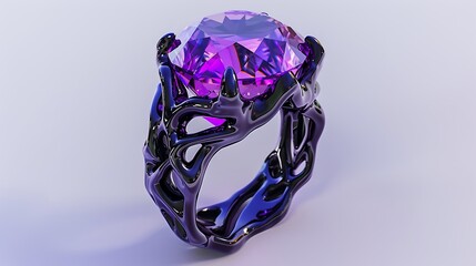 A striking purple amethyst ring with a unique design, isolated on a bright white backdrop.