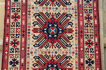 Textures and patterns in color from woven carpets. Traditional motifs of Azerbaijani carpet and rug art.