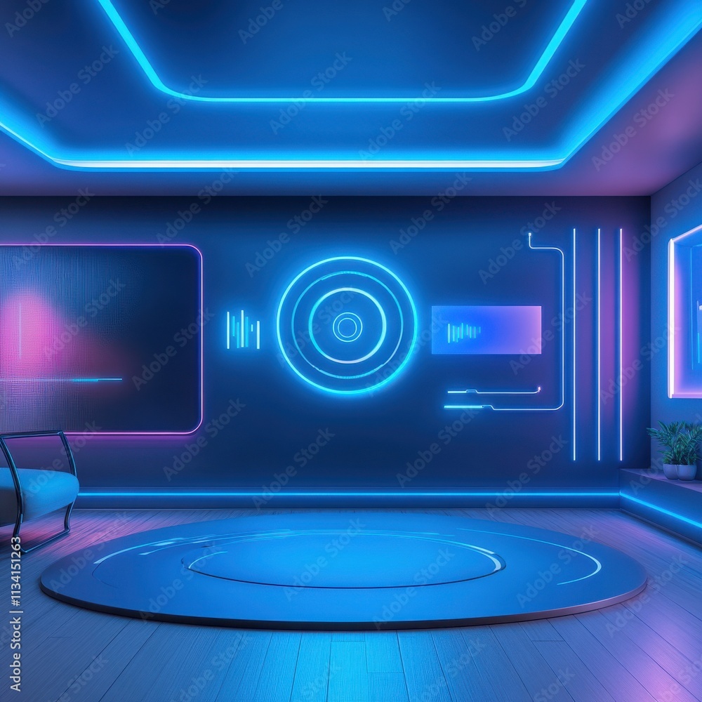 Poster futuristic interior design with neon lights and geometric shapes creating a modern and minimalist at