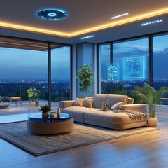 Modern living room with panoramic city view at night featuring a minimalist design, cozy furniture, and futuristic technology in a bright and inviting atmosphere
