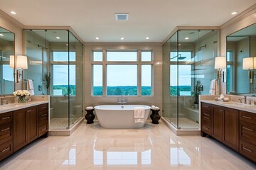 Fototapeta premium Luxurious Bathroom with Oversized Glass Panels in Serene Neutral Tones and Expansive Decor
