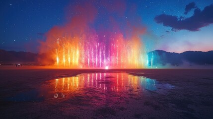 A colorful fireworks display over a silent desert with the sand reflecting the vibrant lights The scene is empty creating a peaceful and beautiful celebration of light 