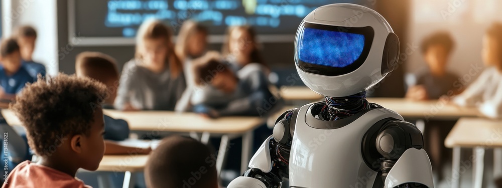 Poster educational robot assisting students in classroom setting, engaging with young learners amid interac