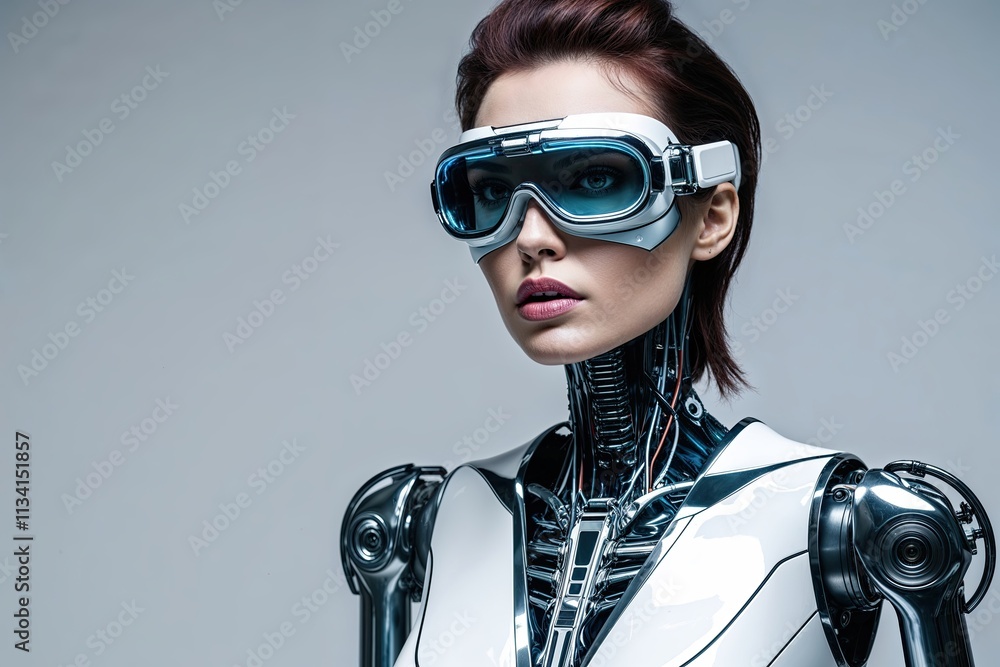 Poster futuristic robot woman on white background: abstract cyberpunk model with goggles and bionic feature