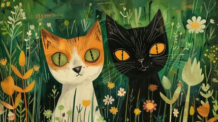 Cat couple in the grass,