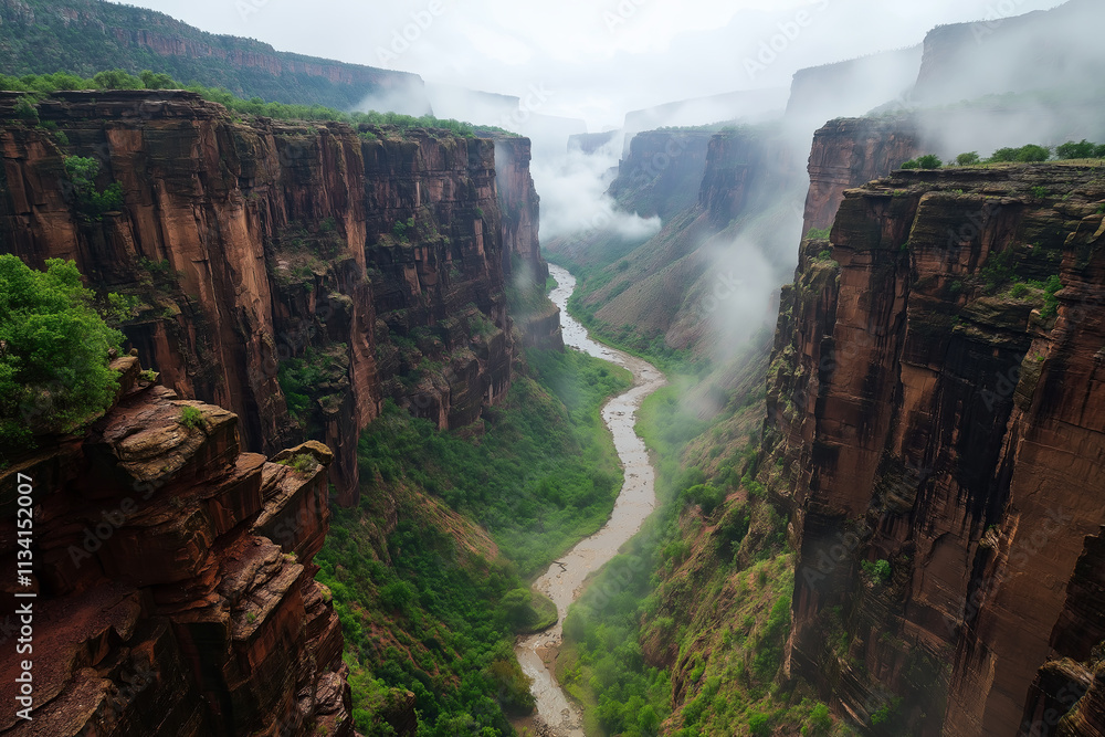 Poster a misty canyon with a winding river flowing through layers of jagged rock formations