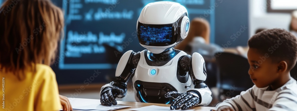 Poster a child-friendly robotic assistant engaging with children in a classroom setting, fostering creativi