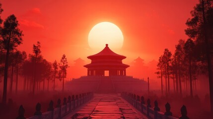 Obraz premium Temple of Heaven: Iconic ancient Chinese architecture amidst a red sky