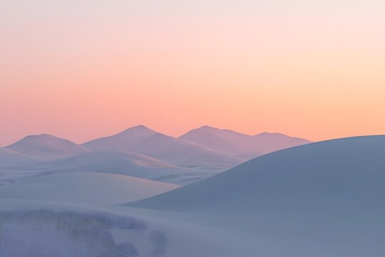 Serene desert landscape at dawn with soft hills and pastel skies. - Powered by Adobe