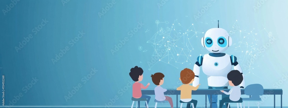 Poster children engaging with a friendly robot in a classroom setting, representing the future of technolog